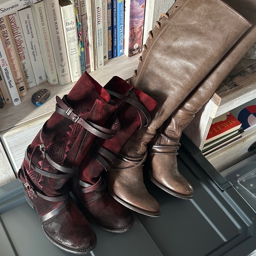 Freebird by Steven Burgundy Suede and Taupe Cole Over the Knee Boots